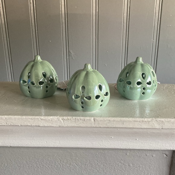 NWT Set of 3 LED Light Up Ceramic Pearl Glazed Petal Cutout Pumpkin Decorations - Picture 5 of 17